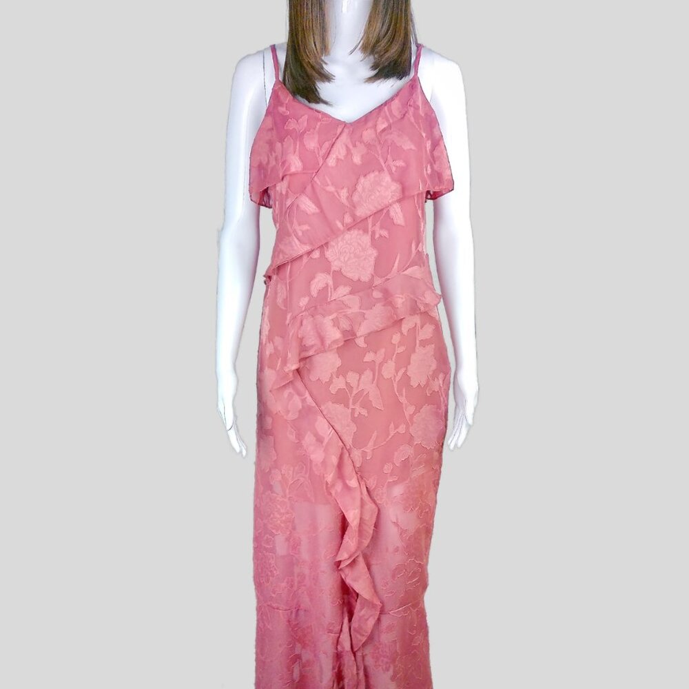Pastel Powder Pink Floral Mauve Ruffle Maxi Cami Dress